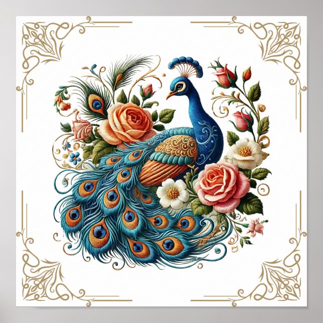 Vintager Peacock Bird Flora Poster (Vorne)