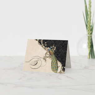 Vintager Pfau 1 mit Monogramm AnfangsNotecard - S