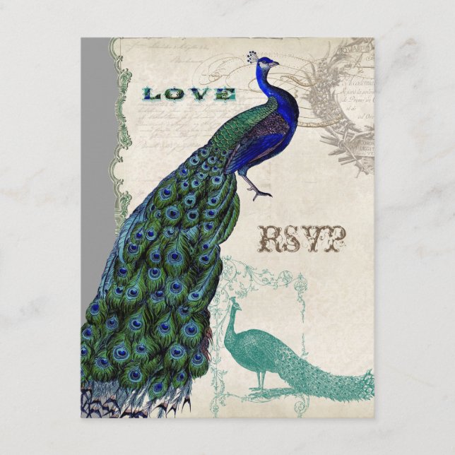Vintager Pfau 5 - Einladung zur feierlichen Hochze (Vorderseite)