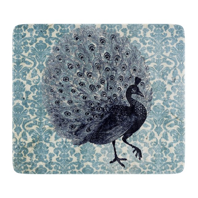 Vintager Pfau am Blue Square Schneidebrett (Vorderseite)