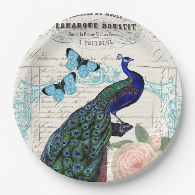 Vintager Pfau auf der französischen Ephemerakolage Pappteller (Vorderseite)