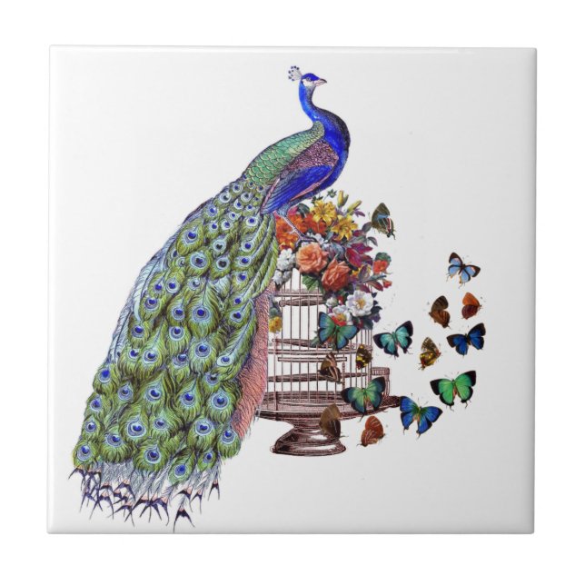 Vintager Pfau auf Käfig Fliese (Vorderseite)