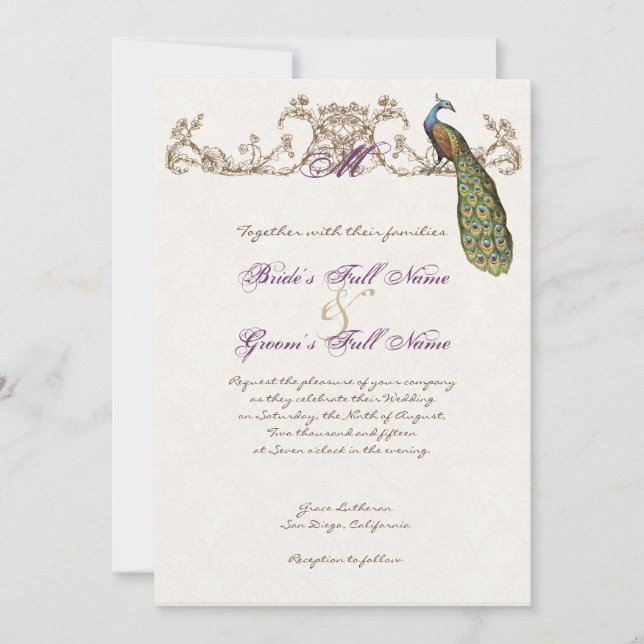 Vintager Pfau & Etching Hochzeit Einladung Weiß (Vorderseite)
