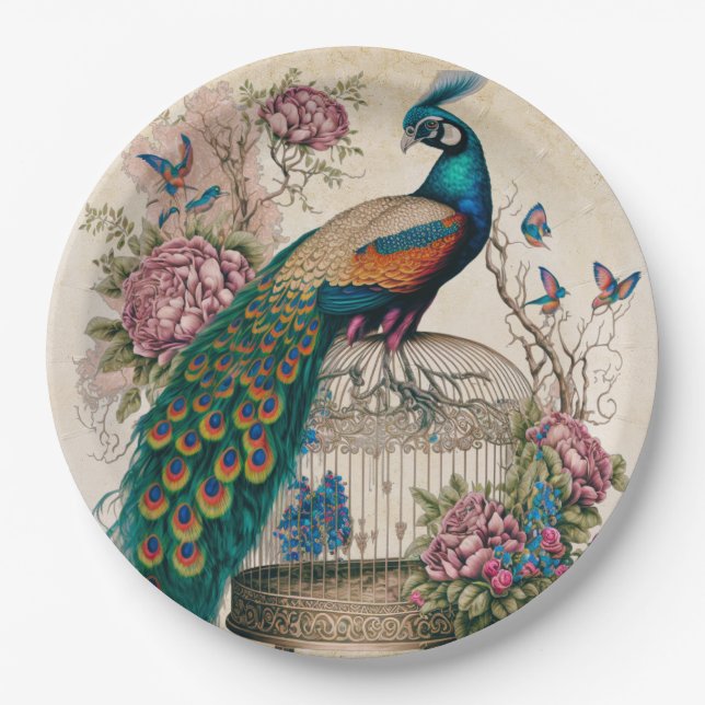 Vintager Pfau im Vogelkäfig Viktorianisch Pappteller (Vorderseite)