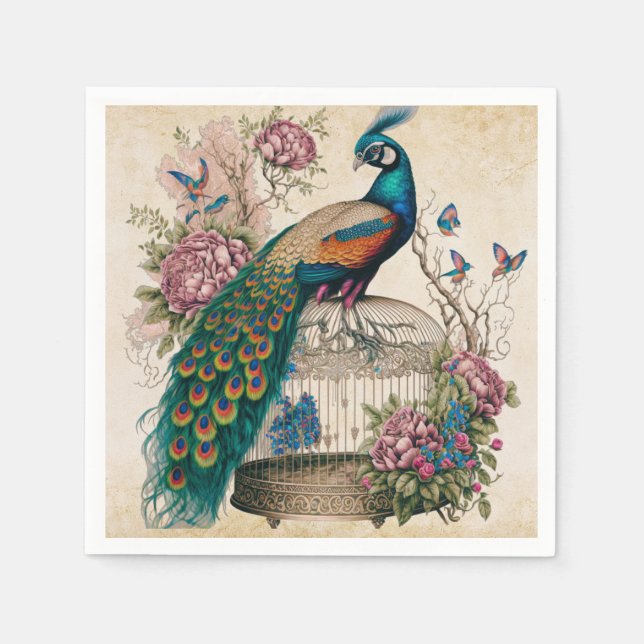 Vintager Pfau im Vogelkäfig Viktorianisch Serviette (Vorderseite)