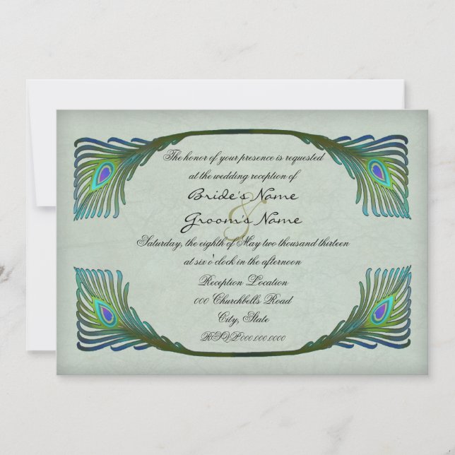 Vintager Pfauenfeathers Jugendstil-Hochzeitsempfan Einladung (Vorderseite)