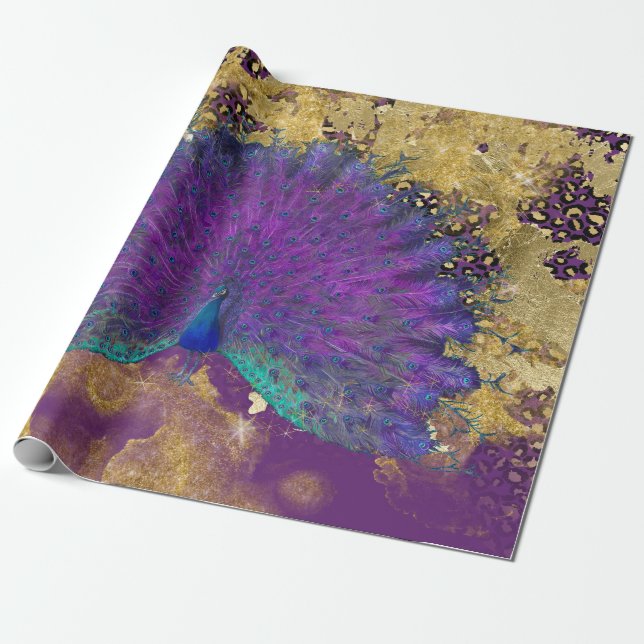 Vintager Pfauenleopard Lila und Gold-Decoupage Geschenkpapier (Ungerollt)
