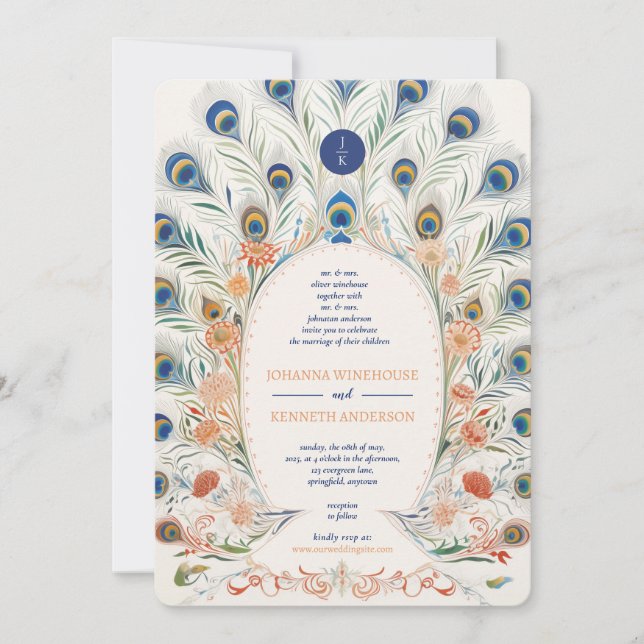 Vintager Pfauenrahmen | Monografische Hochzeit Einladung (Vorderseite)