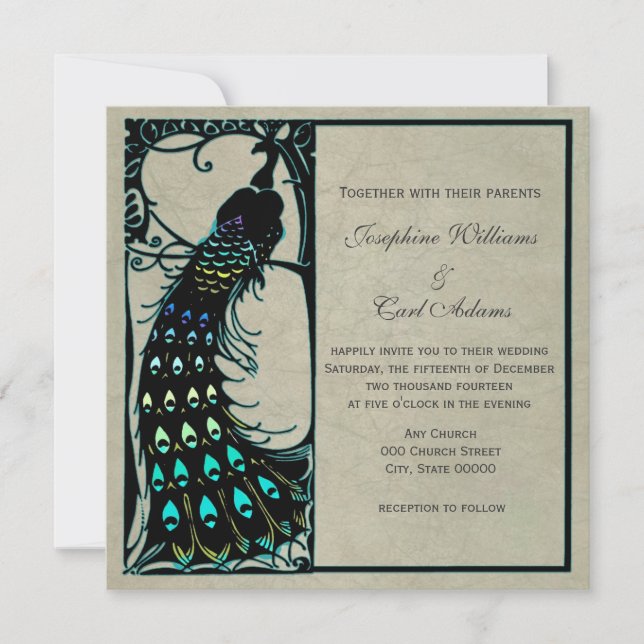 Vintager Pfauenweg Jugendstil Hochzeit lädt ein Einladung (Vorderseite)