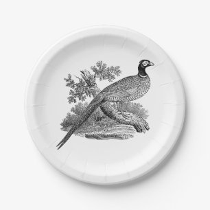 Vintager Pheasant Game Bird Zeichne BW Pappteller