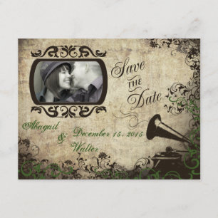 Vintager Phonograph Wedding Save the Date Green