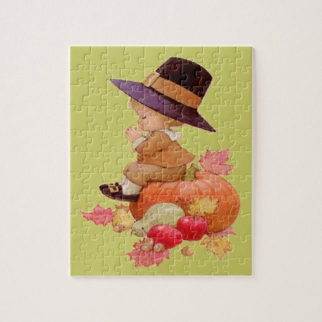 Vintager Pilgrim Boy betet auf Pumpkin (Vertikal)