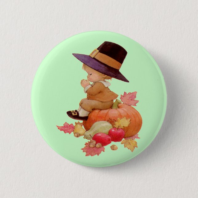 Vintager Pilgrim Boy betet auf Pumpkin Button (Vorderseite)