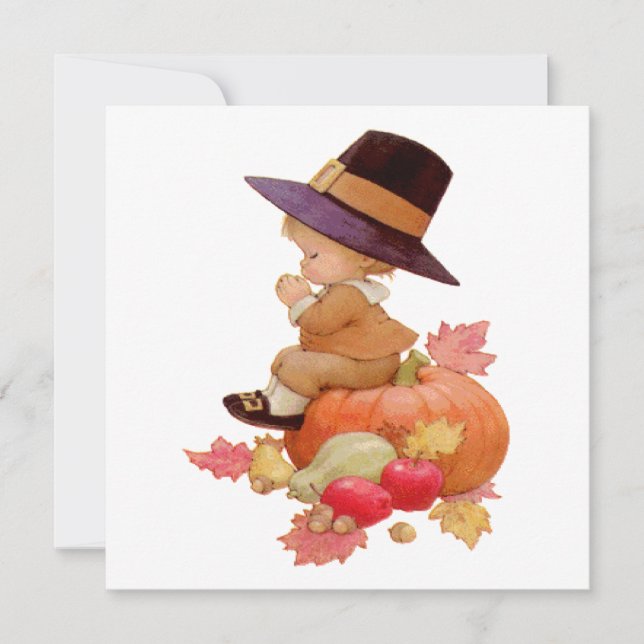 Vintager Pilgrim Boy betet auf Pumpkin Einladung (Vorderseite)