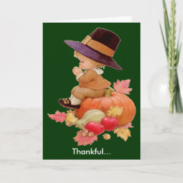 Vintager Pilgrim Boy betet auf Pumpkin Feiertagskarte