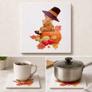 Vintager Pilgrim Boy betet auf Pumpkin Fliese