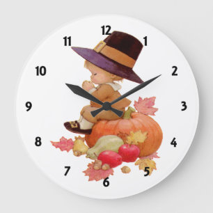 Vintager Pilgrim Boy betet auf Pumpkin Große Wanduhr