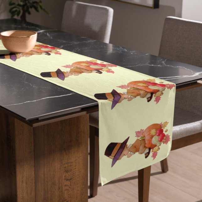 Vintager Pilgrim Boy betet auf Pumpkin Kurzer Tischläufer (Vintage Pilgrim Boy Praying on Pumpkin Short Table)