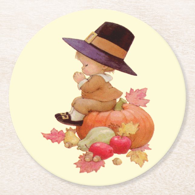 Vintager Pilgrim Boy betet auf Pumpkin Runder Pappuntersetzer (Vorderseite)