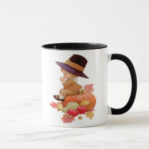 Vintager Pilgrim Boy betet auf Pumpkin Tasse