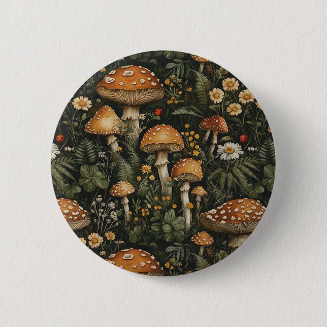 Vintager Pilzgarten Nahtloses Muster Button (Vorderseite)