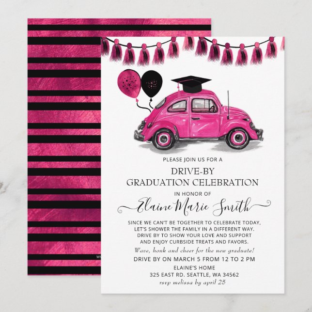 Vintager Pink Käfer-Ballonfahrer mit Abschluss Einladung (Vorne/Hinten)