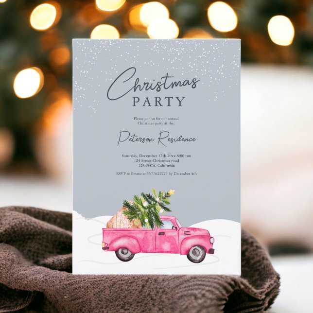 Vintager Pink-Lkw-Blauer Schnee Weihnachten Einladung (Vintage pink truck blue snow Christmas Invitation)
