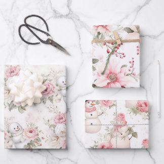 Vintager Pink Weihnachtsschneemann und Blume Geschenkpapier Set