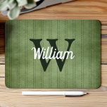 Vintager Pinstrichstoff Retro Monogramm Mousepad<br><div class="desc">Dieses Design zeichnet sich durch ein Vintages grünes pinstripe Muster in grün mit dunkleren Streifen aus. Personalisieren Sie es mit Ihrem Monogramm Initial in dunkelgrün/off-schwarz und Ihrem Namen in weißem Retro-Skript.</div>
