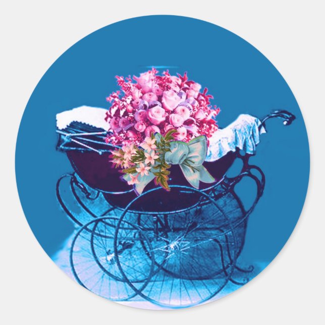 VINTAGER PRAM MIT BLUME BABY DUSCHE RUNDER AUFKLEBER (Vorderseite)