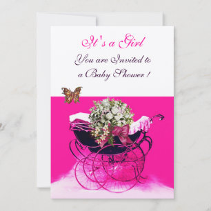 VINTAGER PRAM MIT BLUME, SCHALTFLÄCHEN BABY DUSCHE EINLADUNG