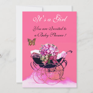 VINTAGER PRAM MIT BLUME, SCHALTFLÄCHEN BABY DUSCHE EINLADUNG