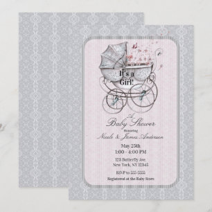 Vintager Pram Stroller Weiße Spitzen Pink Babydusc Einladung