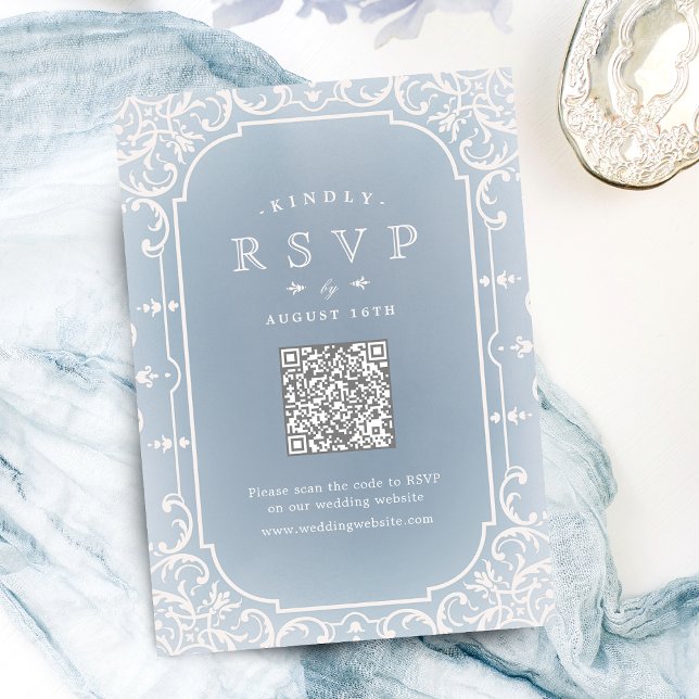 Vintager QR-Code RSVP Karte (Dusty blue elegant romantic vintage QR code RSVP Card)