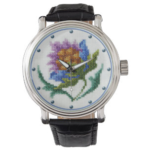 Vintager Querstich gestickte Blume Armbanduhr