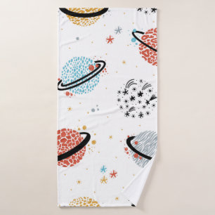 Vintager Raum Nahtloses Muster mit Doodle Saturn Badehandtuch