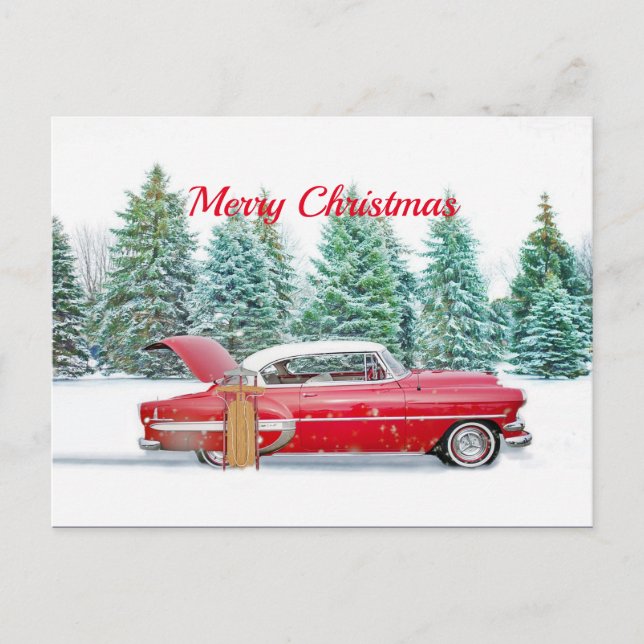 Vintager Red Car Snow Sled Weihnachten Postkarte (Vorderseite)