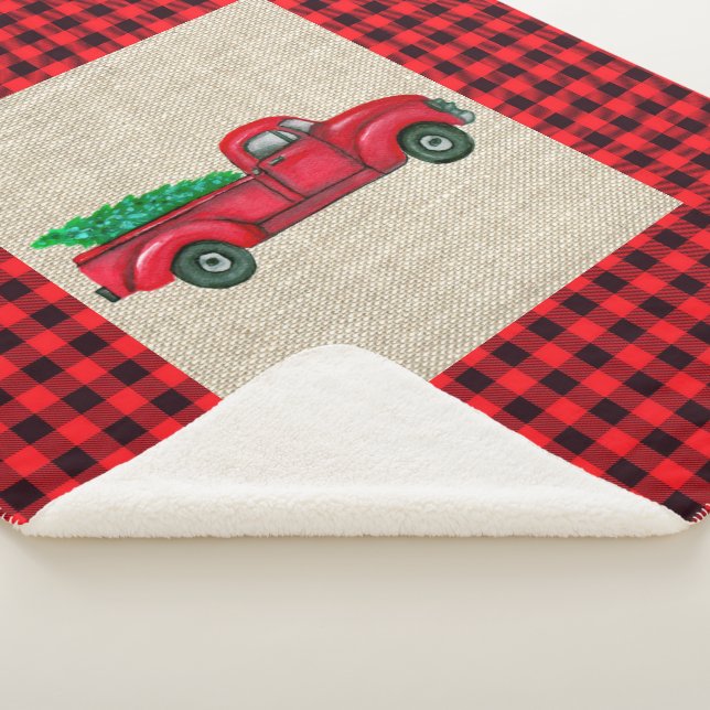 Vintager Red Christmas Tree Truck Sherpa Blanket Sherpadecke (3/4)