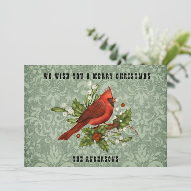 Vintager Red Kardinal Bird Frohe Weihnachten (Stehend Vorderseite)