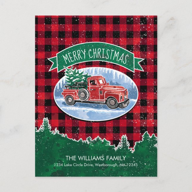Vintager Red LKW Frohe Weihnachtsfahrt Ankündigungspostkarte (Vorderseite)