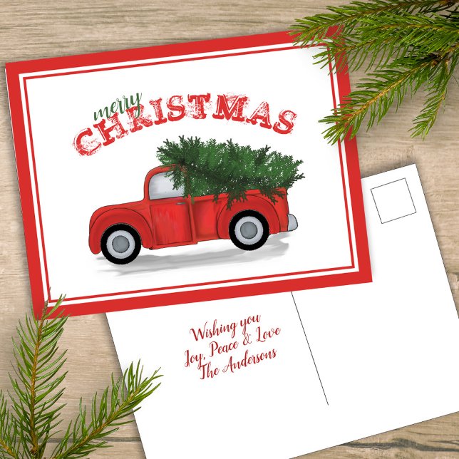 Vintager Red Truck Antiquitätenfest Weihnachten Pa (Merry Christmas simple greeting postcard template with rustic red truck. )