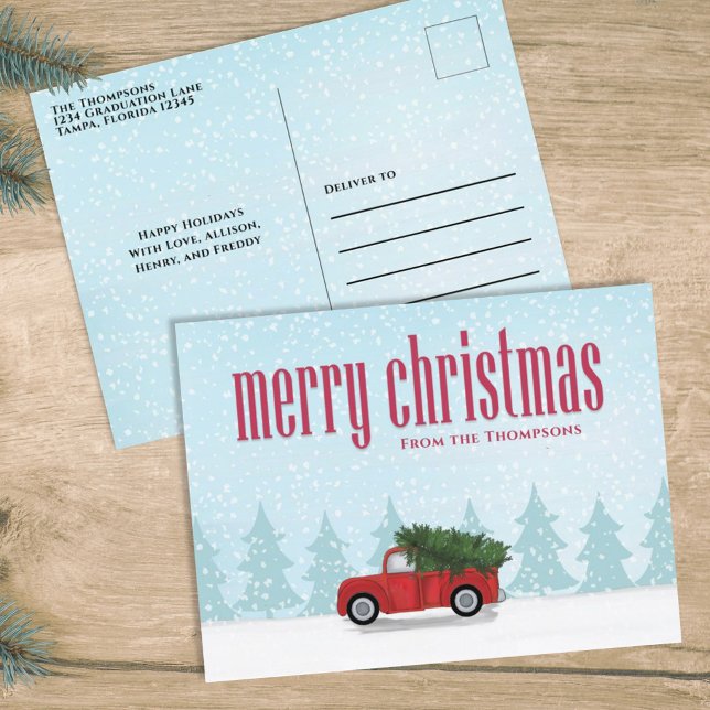 Vintager Red Truck Frohe Weihnachten Whimsical Fun (Merry Christmas simple greeting postcard template with rustic red truck. )