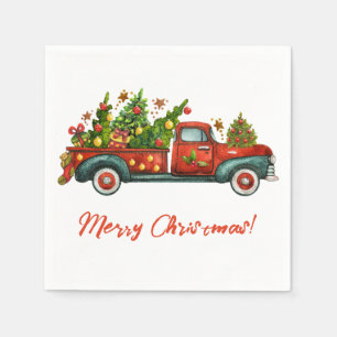 Vintager Red Truck Frohe Weihnachtsbaum Gruß Serviette