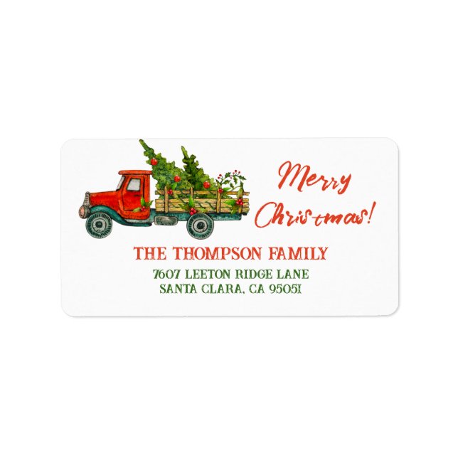 Vintager Red Truck Frohe Weihnachtsbaumadresse Adressaufkleber (Vorne)