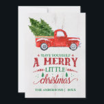 Vintager Red Truck Frohe Weihnachtskarte Feiertagskarte<br><div class="desc">Vintager Weihnachtswagen mit fallendem Schnee und Feiertagsgruß. Personalisieren Sie Ihre Daten mit Ihrem Familiennamen und dem Text Ihrer Nachricht.</div>