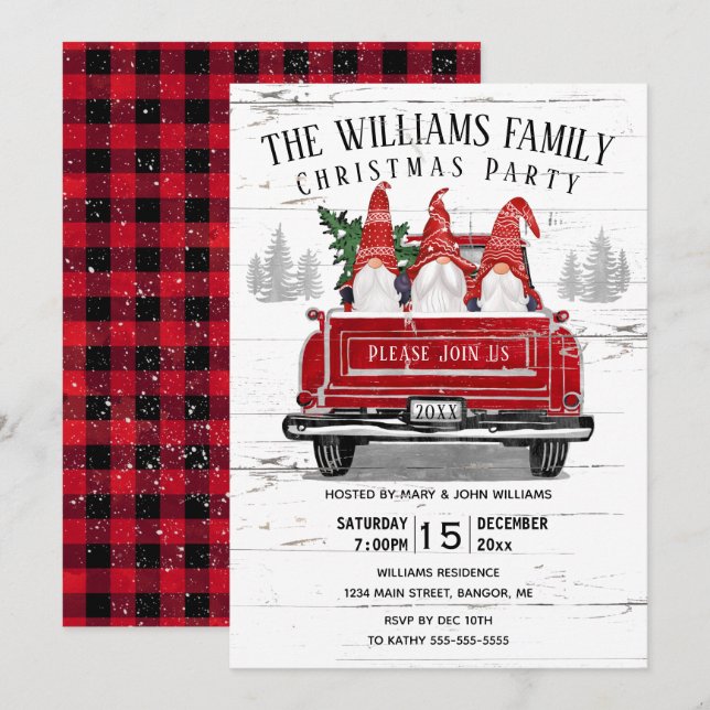 Vintager Red Truck Gnome Weihnachtsfeiertag Party Einladung (Vorne/Hinten)