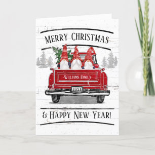 Vintager Red Truck Gnomes Rustikaler Weihnachtsbau Feiertagskarte