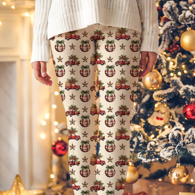 Vintager Red Truck Karierte Ornamente Weihnachten Leggings (Von Creator hochgeladen)