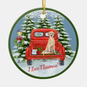 Vintager Red Truck Labrador Retriever Snow Familie Keramik Ornament