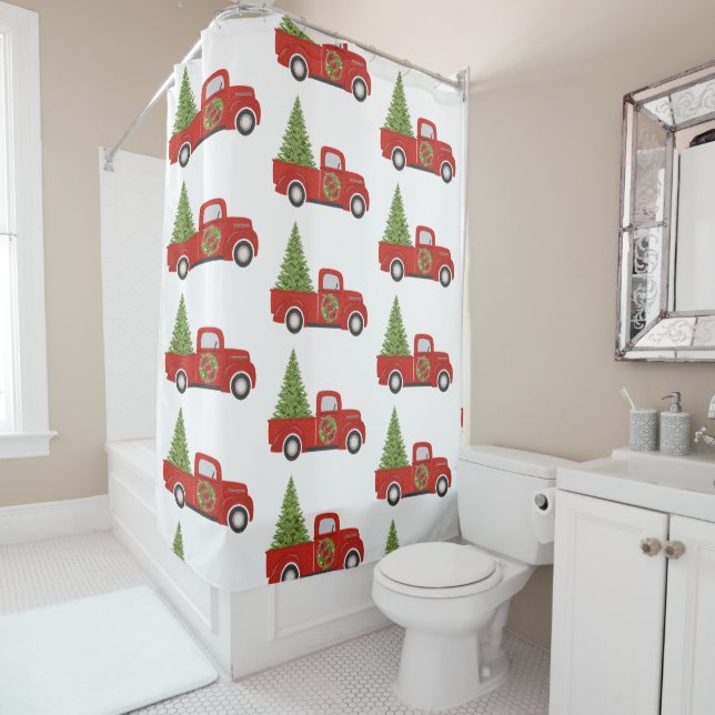 Vintager Red Truck mit Weihnachtsbaum Duschvorhang (Beispiel)